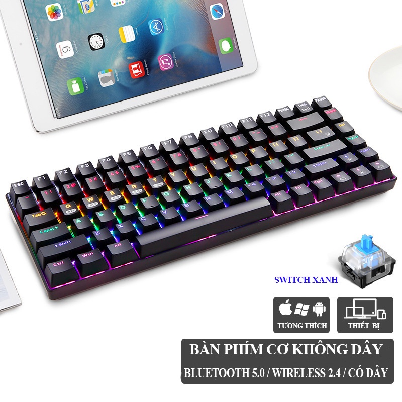 Bàn Phím Cơ Không Dây Bluetooth RF84 Led RGB Blue Switch  84 Phím Laptop Tablet Android IOS