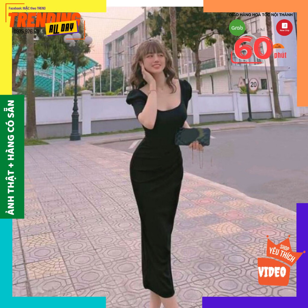 Đầm body dáng dài, đầm thiết kế cổ vuông tay phồng tôn dáng tôn da mặc bao chảnh bao sang | BigBuy360 - bigbuy360.vn