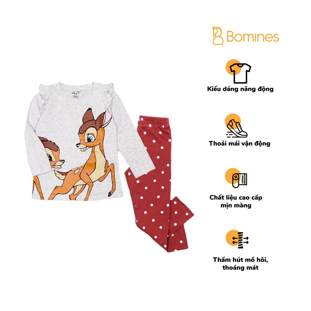 Đồ bộ tay dài bé gái hình nai Bambi chất cotton 4 chiều hãng Bomines