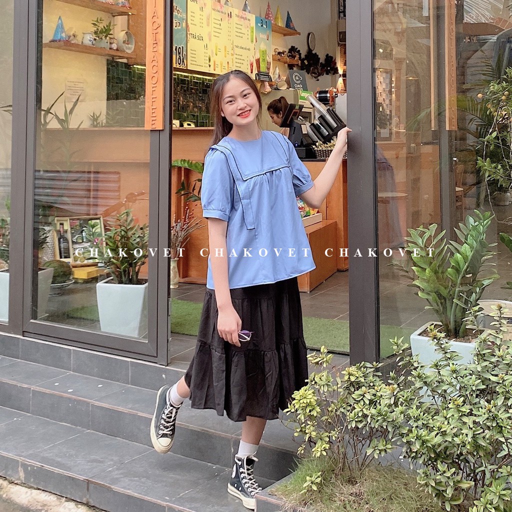 Áo babydoll nữ tay ngắn, kiểu sơ mi nữ cộc tay cổ tròn sành điệu cá tính, áo kiểu nữ họa tiết ngực bèo dáng xinh -cka802 | BigBuy360 - bigbuy360.vn