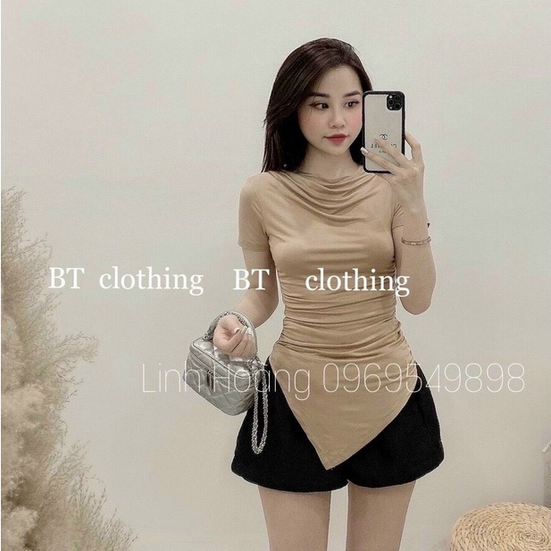 Áo thun kiểu dáng ôm rúm eo ngắn tay vạt nhọn, Áo kiểu lệch vai form ôm body AT1414 - NhiNhiShop