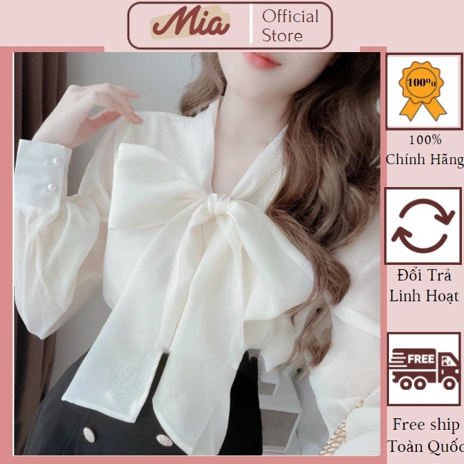 Áo sơ mi trắng nữ, áo sơ mi dài tay nữ kiểu thắt nơ tiểu thư vảo tơ - Mia Shore M108