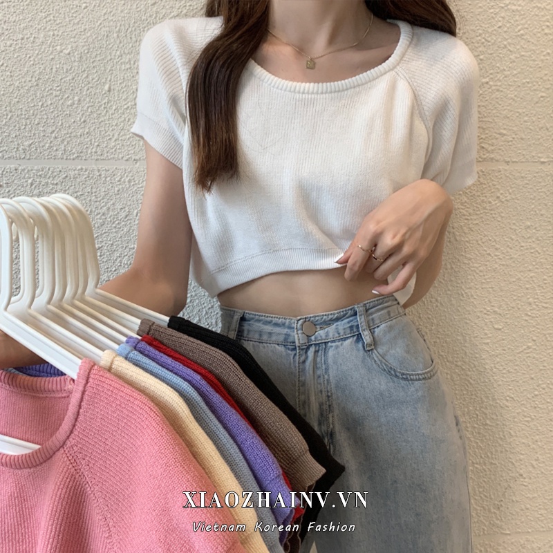 Áo thun XIAOZHAINV kiểu croptop dệt kim tay ngắn cổ tròn dáng rộng thời trang mùa hè dành cho nữ