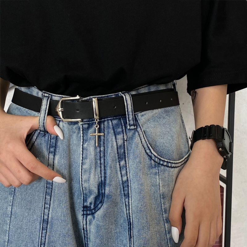 Thắt Lưng Da PU Màu Đen Khóa Kim Loại Phong Cách Retro Hong Kong Cho Nam Nữ