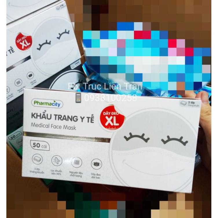 Khẩu trang pharmacity màu trắng - xanh 3lớp hộp 50 cái