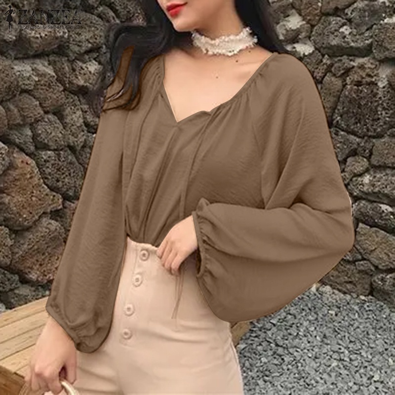 Áo kiểu Zanzea tay dài cổ chữ V màu trơn thời trang thanh lịch