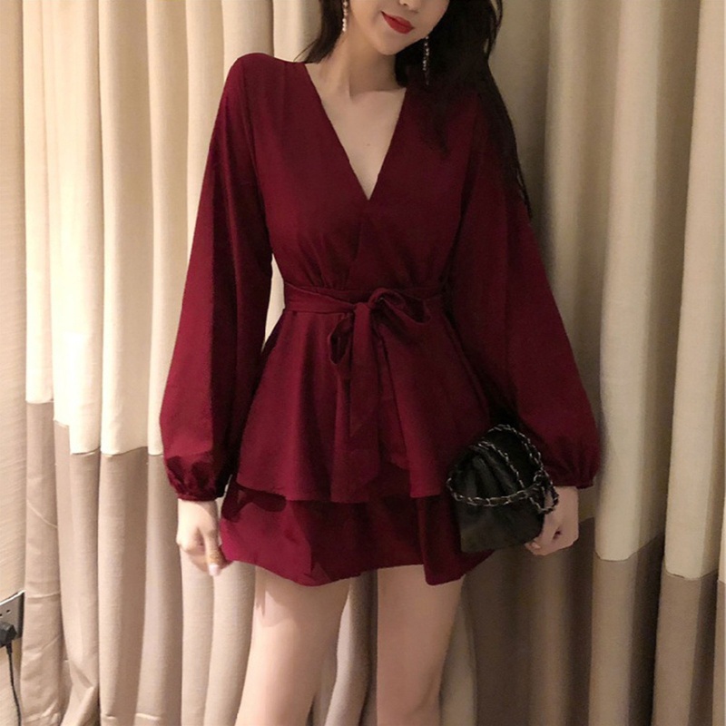 Brroa Đầm Chữ A Tay Dài Phồng Cổ Chữ V Thắt Nơ Eo Cao Viền Bèo Xinh Xắn Cho Nữ
