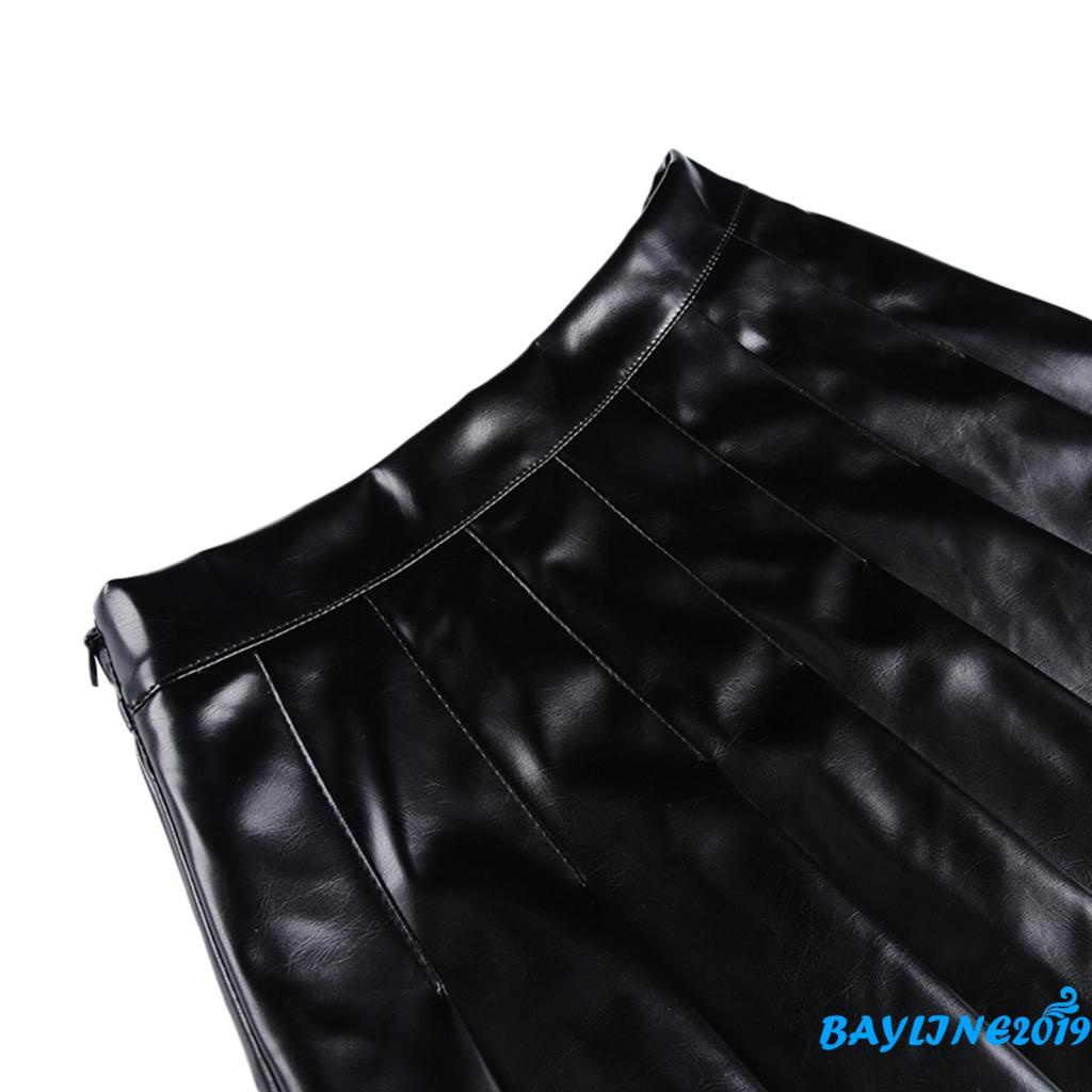 Chân váy da xếp ly lưng cao màu trơn khóa kéo thời trang xuân thu cho nữ