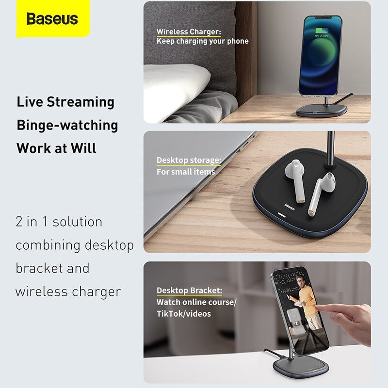 Đế giữ điện thoại tích hợp sạc nhanh không dây Baseus Swan Magnetic Desktop Bracket Wireless Charger cho iPhone 12