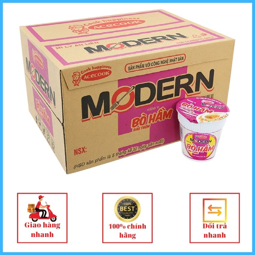 Mì Modern 3 hương vị lẩu thái tôm, Bò hầm, Thịt xào thùng 24 ly 67g-Bách hóa.HK24