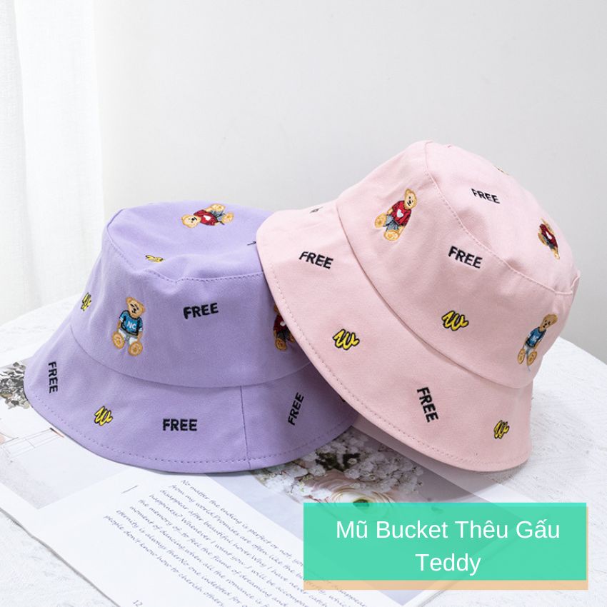 Mũ Bucket vải thêu gấu Teddy