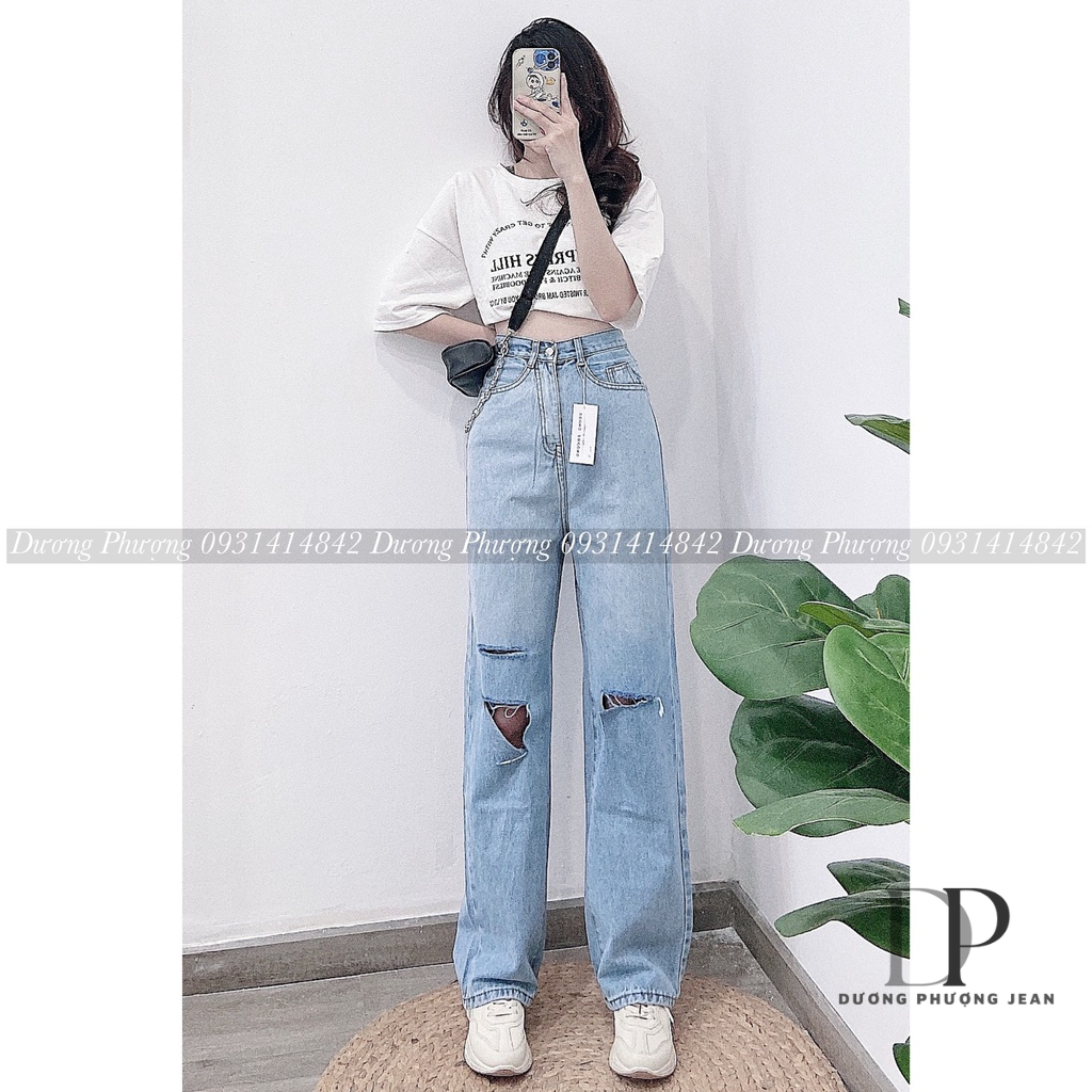 Quần jean nữ ống rộng, quần jean ống suông rách gối cá tính - QU048
