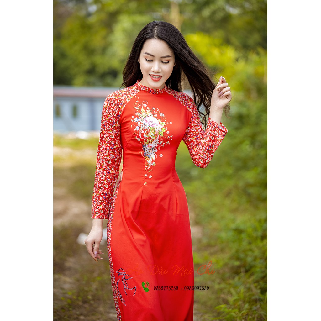 ✥♛Bộ áo dài truyền thống hoa nhí đỏ họa tiết tay HT05 (Cổ 2 cm dài)