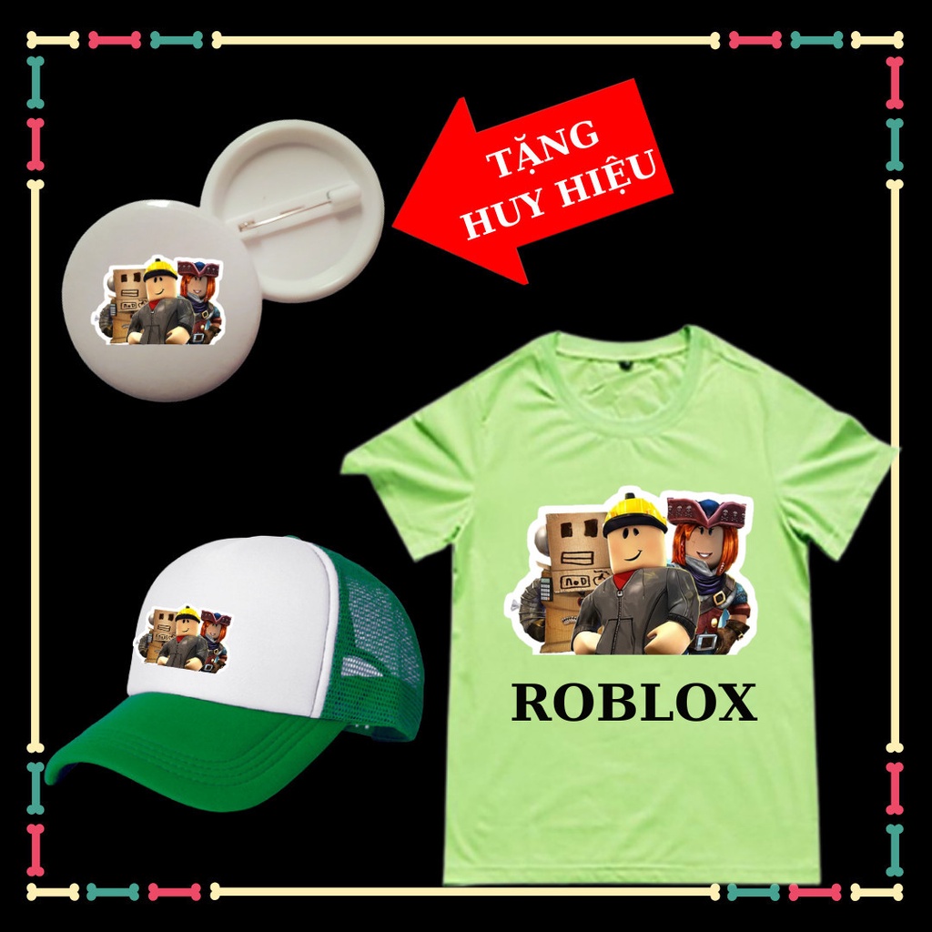 Áo thun bé trai game Roblox, chất vải đẹp, đủ size áo, mũ lưới phong cách, thời trang, kèm huy hiệu cho bé.
