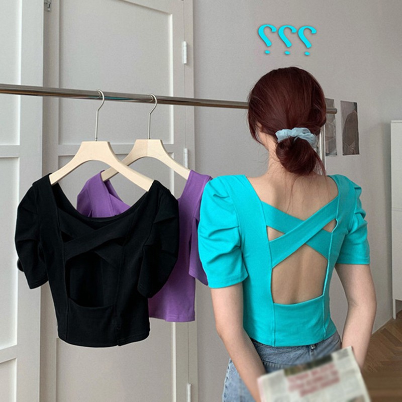 Áo Thun Tay Ngắn Cổ Tròn Khoét Lưng Quyến Rũ Cho Nữ