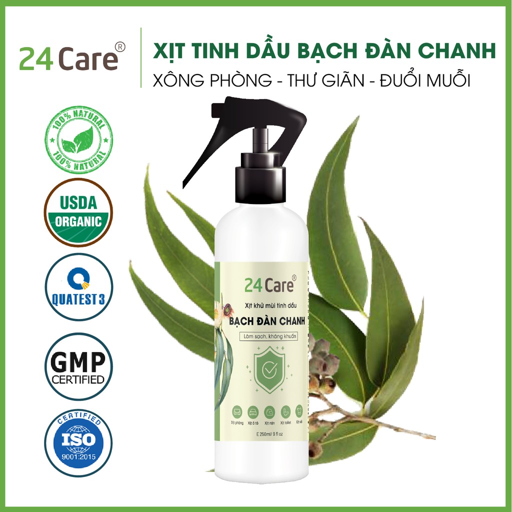 Xịt khử mùi thơm phòng Bạch Đàn Chanh 24Care 250ml - kháng khuẩn, khử mùi hôi, đuổi muỗi, côn trùng