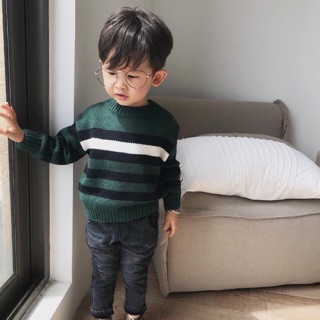 Áo len kẻ bé trai xanh lá size 100