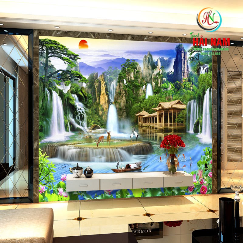 Tranh dán tường 3D mệnh mộc VẢI LỤA  phủ kim sa
