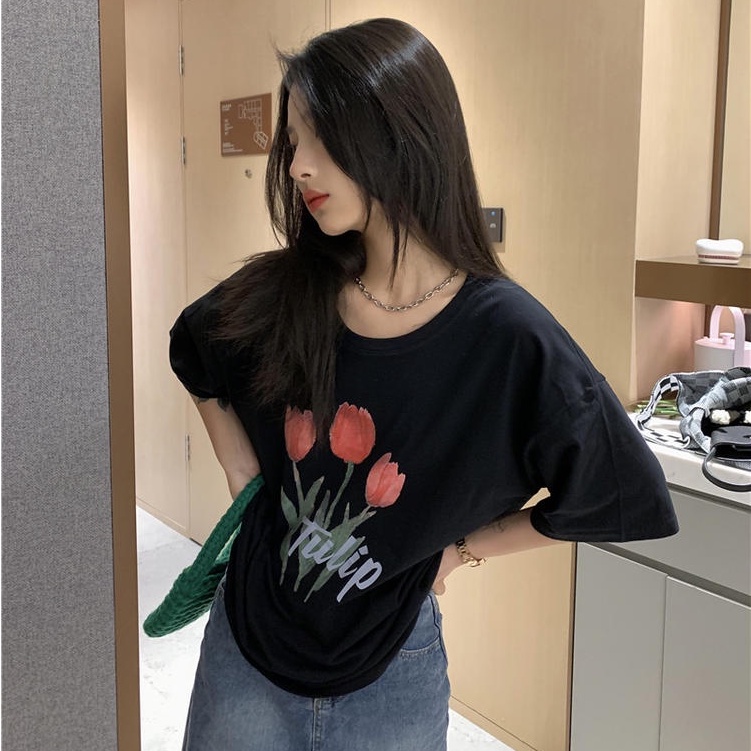 Áo thun Peppermint 50157 cổ tròn in hình hoa tulip thời trang cho nữ