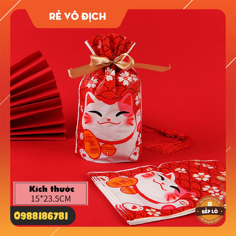 Túi Zip Tết - Túi Kẹo Nougat Tết - Túi Bánh Quy Tết -Túi Dây Rút Mèo May Mắn - Túi Đựng Bánh Kẹo