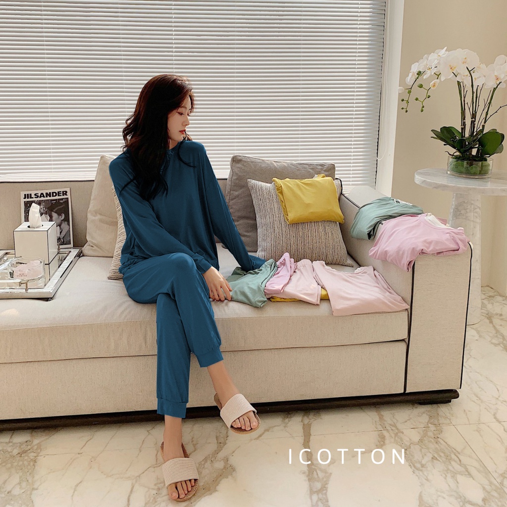 Bộ đồ nữ mặc nhà dài tay thu đông thun cotton lụa Icotton đồ bộ ngủ nữ cao cấp mềm mại thoải mái có Bigsize