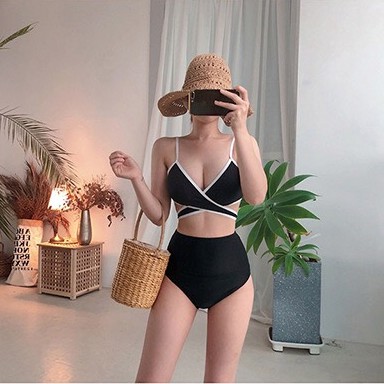 Bikini 2 mảnh áo hai dây đen viền trắng cột eo mix quần lưng cao đen