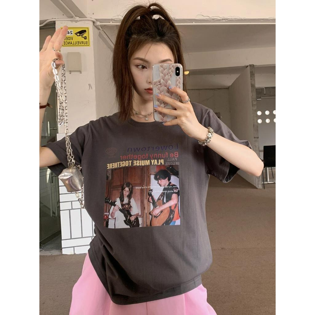 Áo Thun Cotton Dáng Rộng Ngắn Tay In Hình Phong Cách Retro Cá Tính 63656