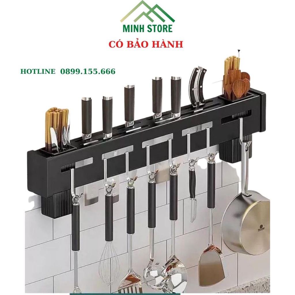 Giá gài dao kéo kệ dán tường để đồ nhà bếp có ống đựng đũa và móc treo muôi thìa bằng thép