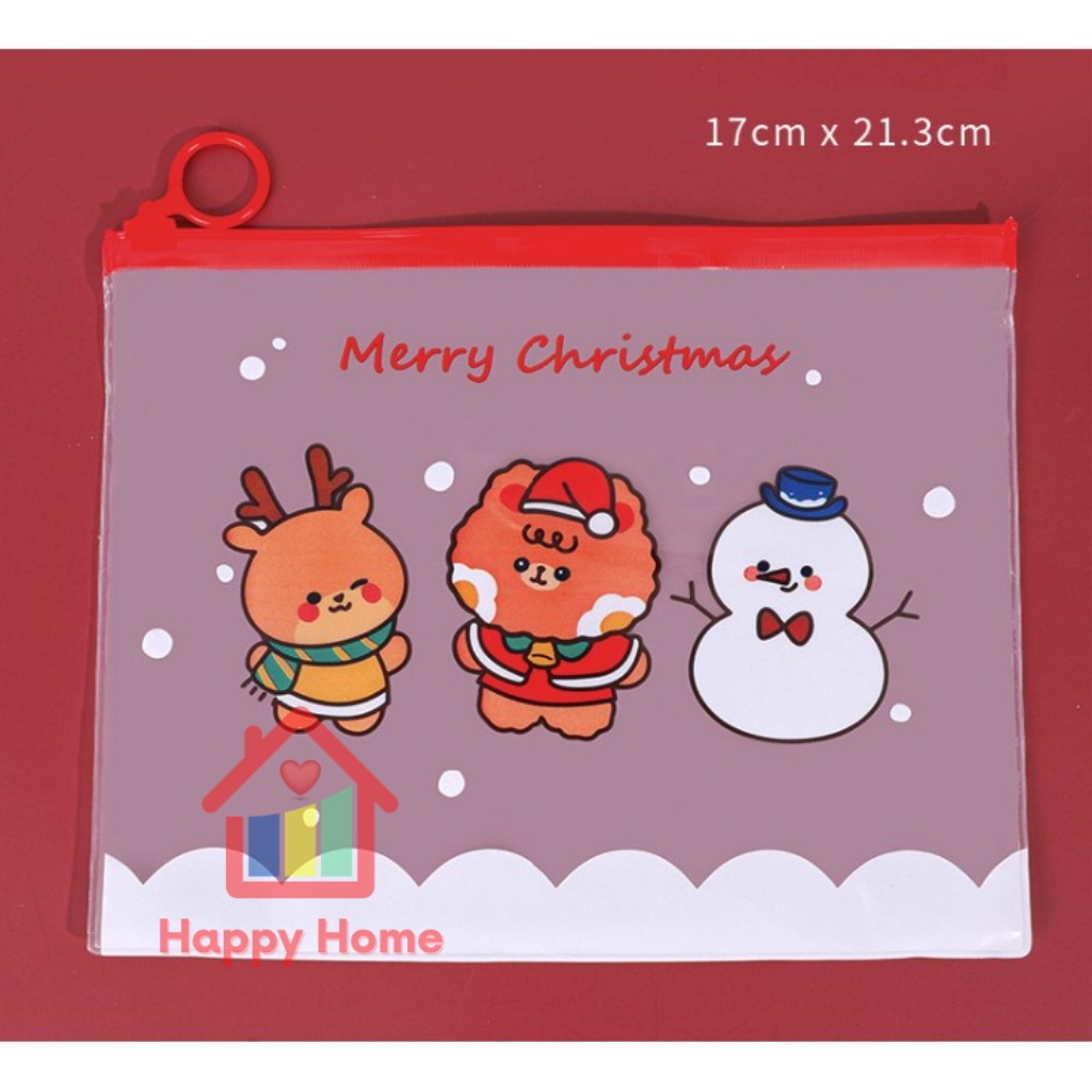 Túi zip họa tiết noel, cây giáng sinh trong suốt đựng bút, tẩy, đồ dùng học tập đa năng Happy Home