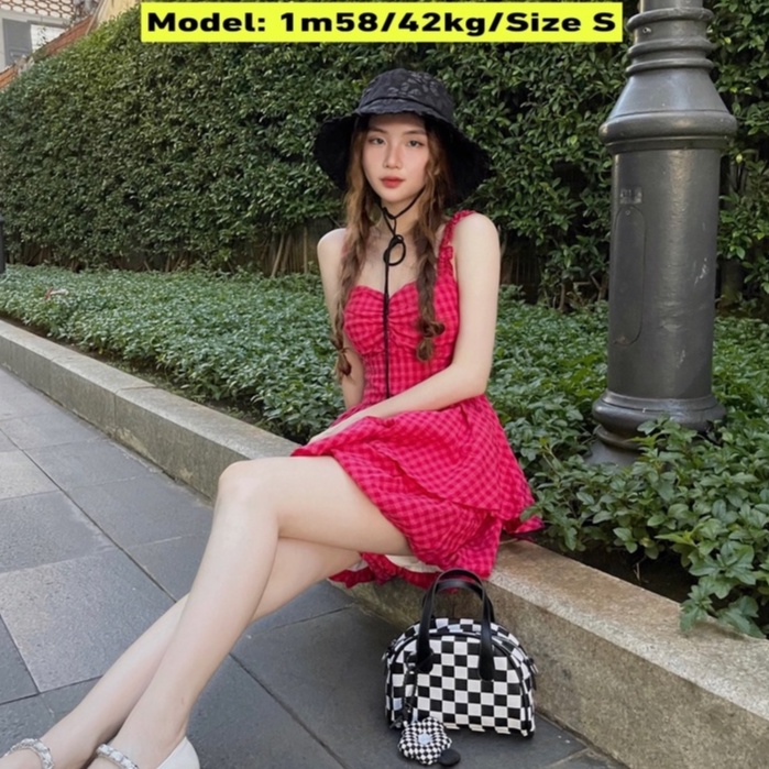 Jumpsuit 2 Dây Caro Thắt Nơ Ngực Xếp Tầng - HÀNG CÓ SẴN