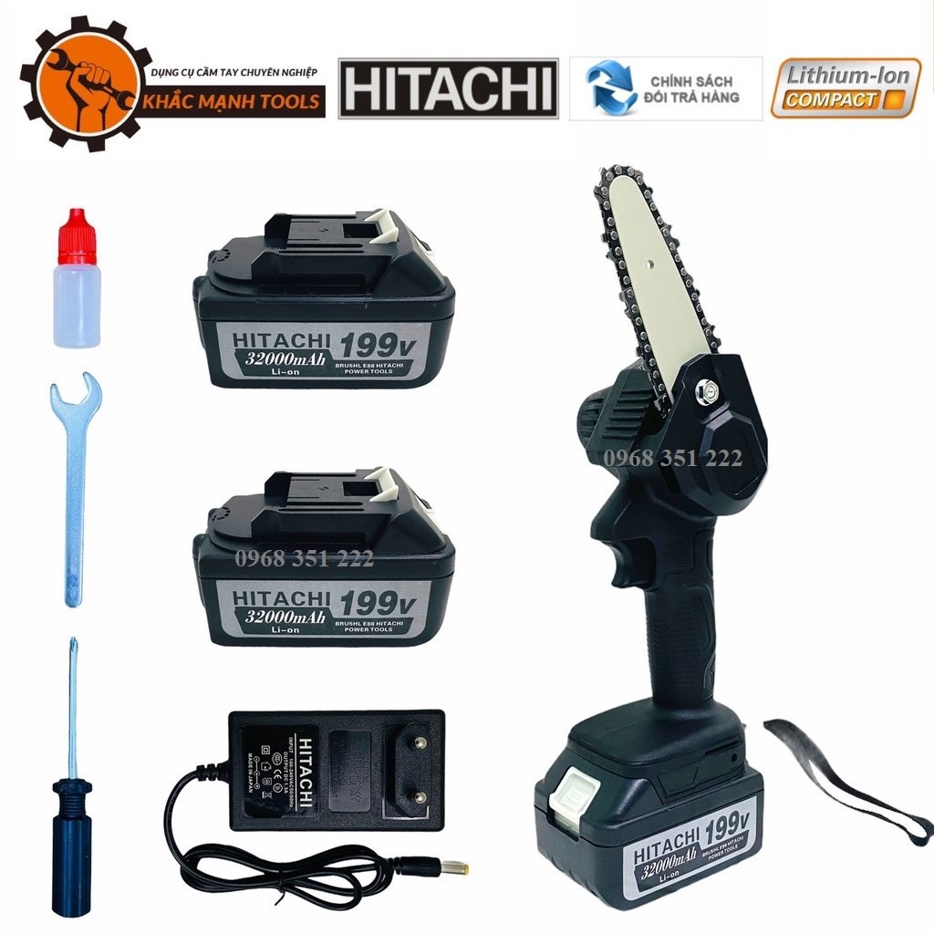 Máy Cưa Xích HITACHI 199V, Tặng Thêm Bộ Lam Xích Dự Phòng, Pin Chuẩn 10 Cell