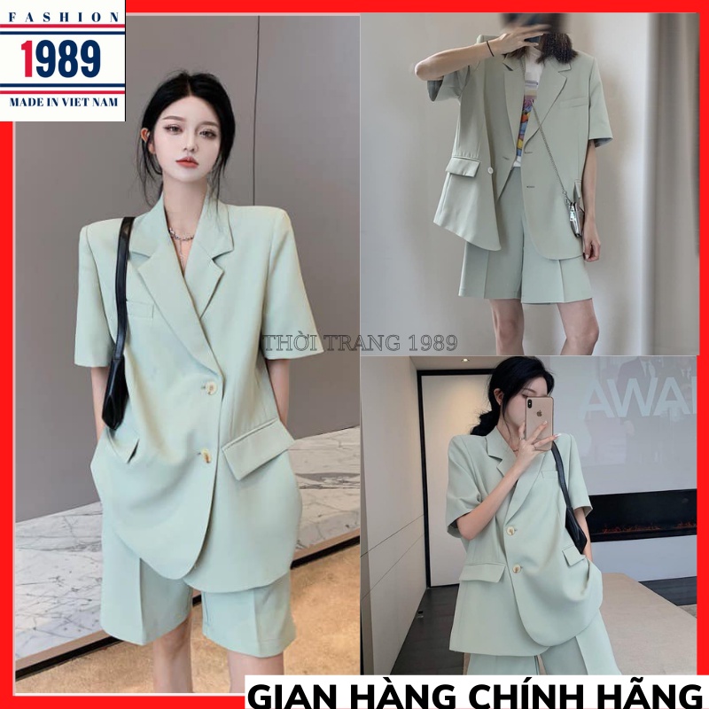 Set áo vest trơn XANH basic cộc tay kèm quần short form oversize, Set áo Blazer kèm quần short Hàn Quốc THỜITRANG1989