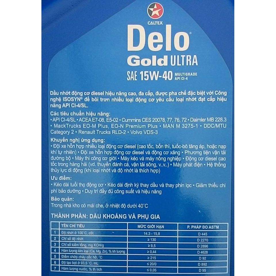 Nhớt động cơ ô tô diesel Delo Gold Ultra 15w40 [ 5L ]