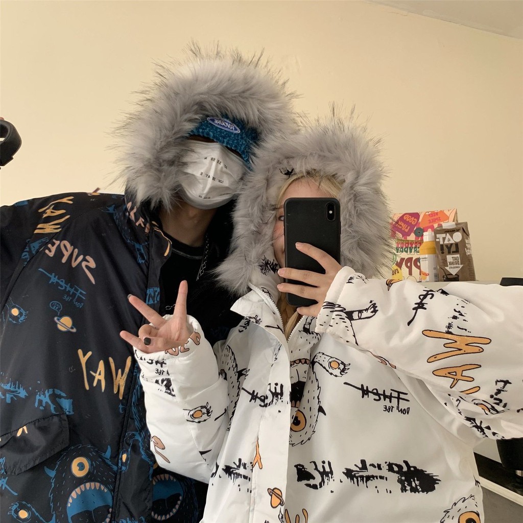rockmagic couple wear winter clothes brand graffiti loose large size cotton-padded jacket fur collar cotton jacket winter coat men | BigBuy360 - bigbuy360.vn