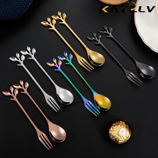 KATELV Muỗng/ Nĩa ăn tráng miệng thép không gỉ tái sử dụng được thiết kế chiếc lá nhiều màu sắc tùy chọn sáng tạo cho bàn ăn