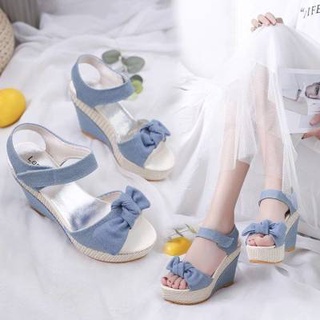 Giày sandal đế xuồng dày quai dán đính nơ thời trang mùa hè