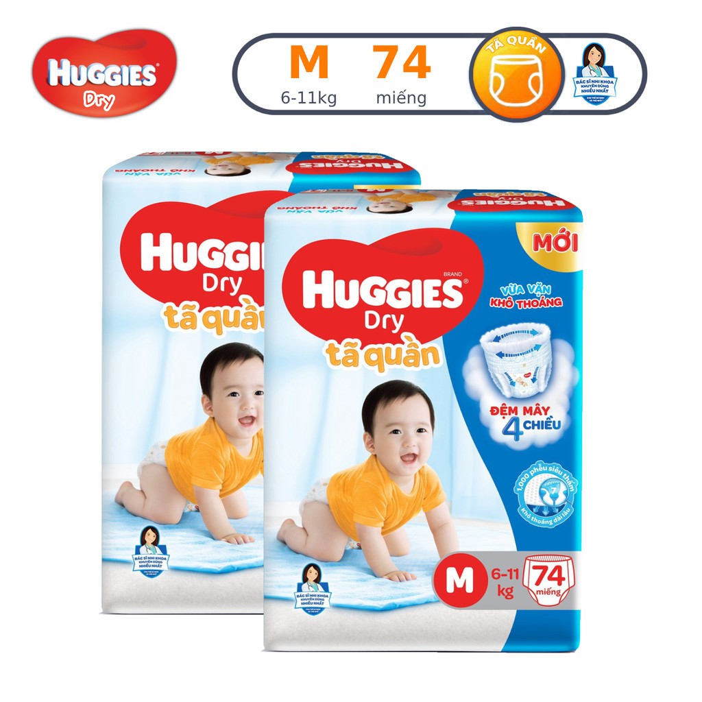 Combo 2 Tã quần Huggies Dry Super Jumbo M74/L68/XL62/XXL56