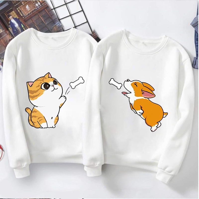 Áo đôi chó mèo cute, áo thun dài tay chó mèo