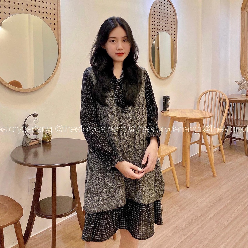 Set đầm caro cột nơ mix ghi lê nữ tiêu  S323