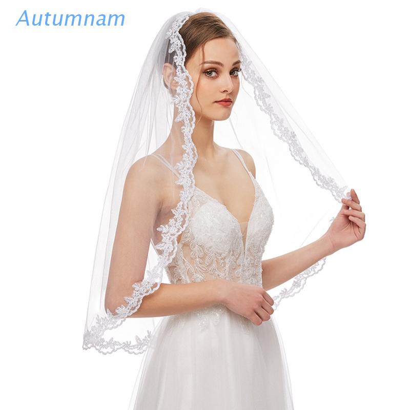 Mạng Che Mặt Cô Dâu 1 Tầng Vải Tuyn Màu Trắng Phối Ren Tinh Tế