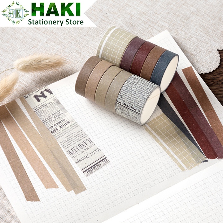 Washi tape vintage HAKI, băng dính washi tape bộ 10 cuộn trang trí sổ butllet journal giá rẻ BD03