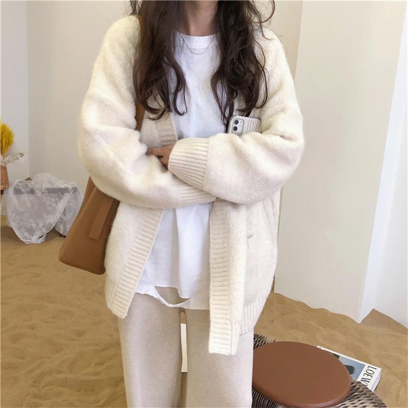 Áo Khoác Cardigan Cổ Chữ V Form Rộng Màu Xám Thiết Kế Mới Đơn Giản Thời Trang Dành Cho Nữ