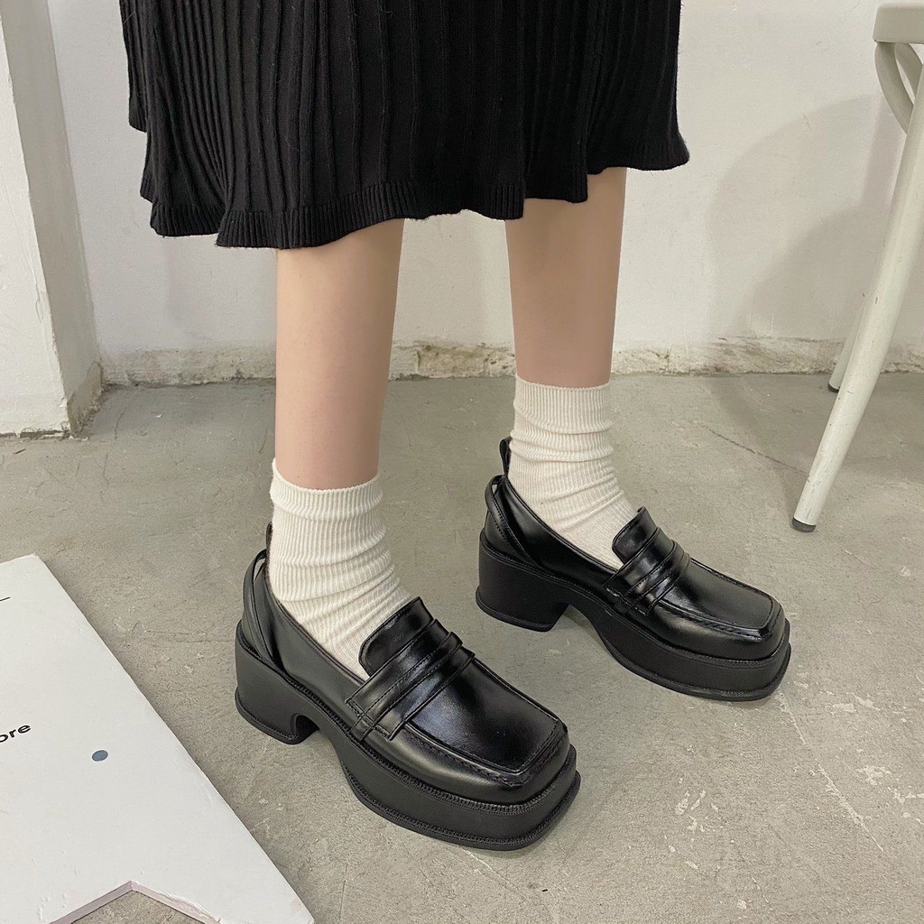 [ HÀNG SẴN - SHIP HOẢ TỐC  ] Loafer mũi vuông đế cao 6cm cá tính - Loafer đế cao cách điệu - Giày cổ thấp siêu xinh