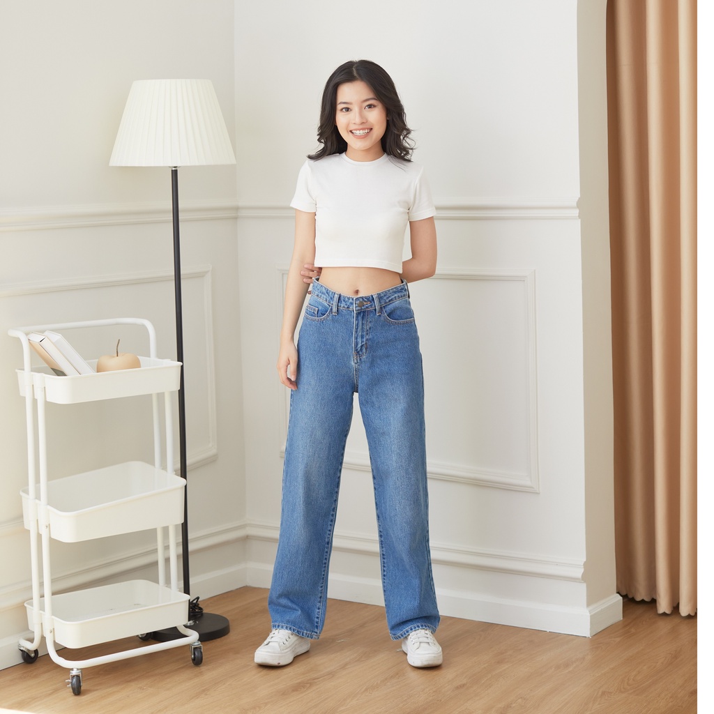 Quần Jeans Nữ Lưng Cao Ống Suông Rộng Màu Xanh Wash Đùi LDL-102B