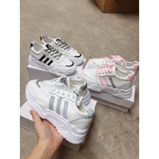 Giày Thể Thao Đế Cao 3 Sọc Màu Nổi Bật - Hồng Xám có Phản Quang