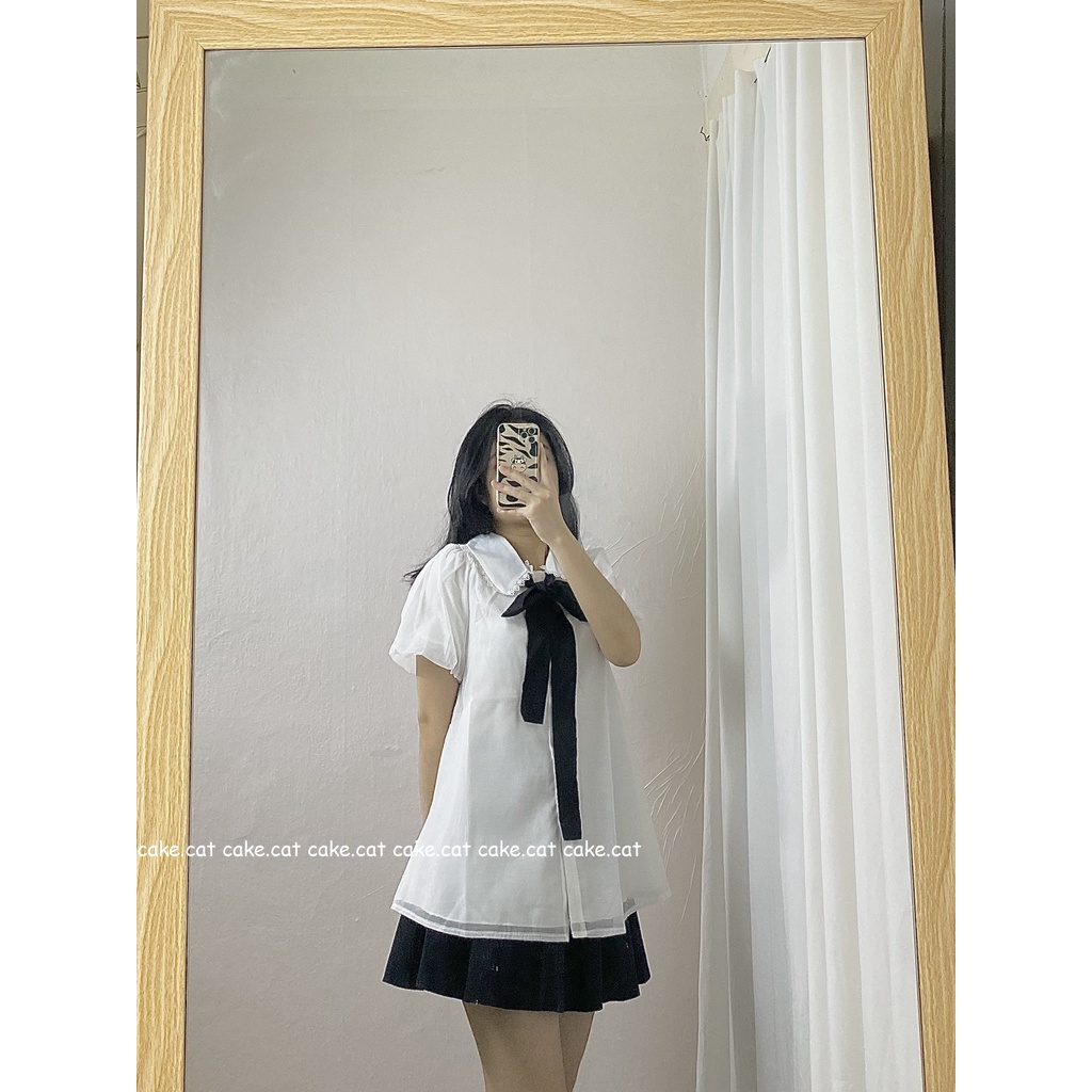 Áo Babydoll Voan Nơ Đen Tay Bồng Lót Lụa Cổ Xinh