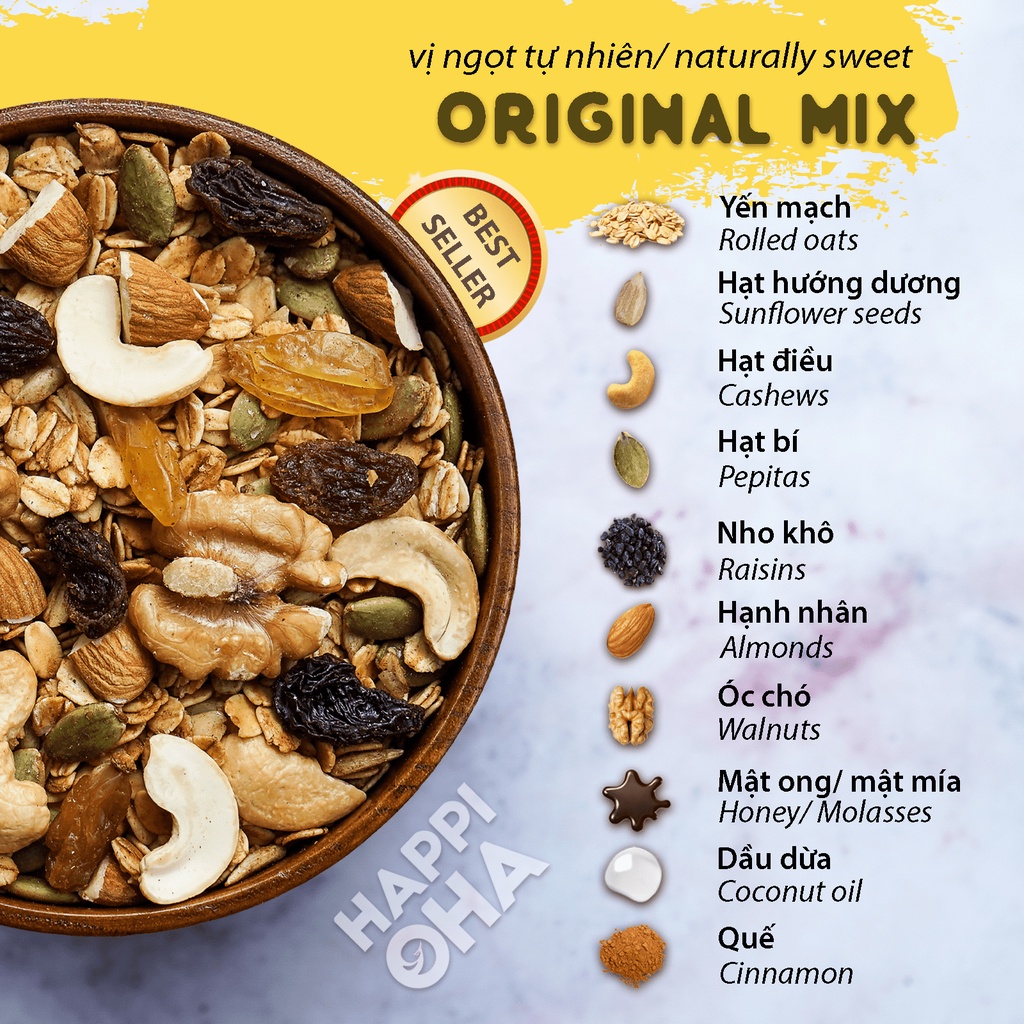 Granola Original Mix HAPPI OHA - Ngũ Cốc Ăn Sáng/Ngũ Cốc Ăn Kiêng Không Đường Tinh Luyện 40g