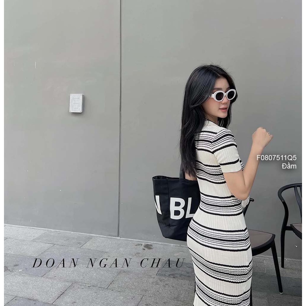 Đầm ôm body len kẻ sọc cổ bẻ tay con hàng QC!