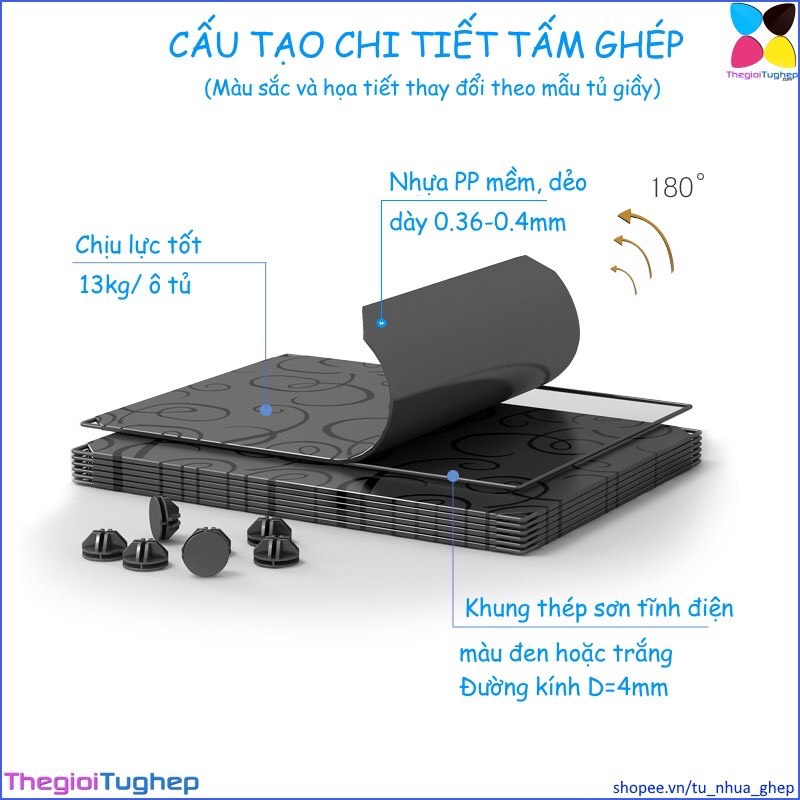 Tủ giầy lắp ghép 12 ô 3 cột 4 tầng bằng nhựa lắp ghép màu đen, trắng, hồng, vàng, xanh (không cánh cửa, để được 24 đôi)