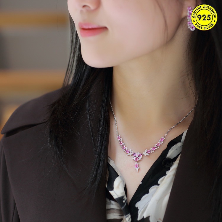 Meet Bộ Vòng cổ kim cương màu hồng đính kim cương toàn bộ micro